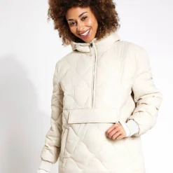 Quilted Half Zip Hooded Puffer Jacket - Beige