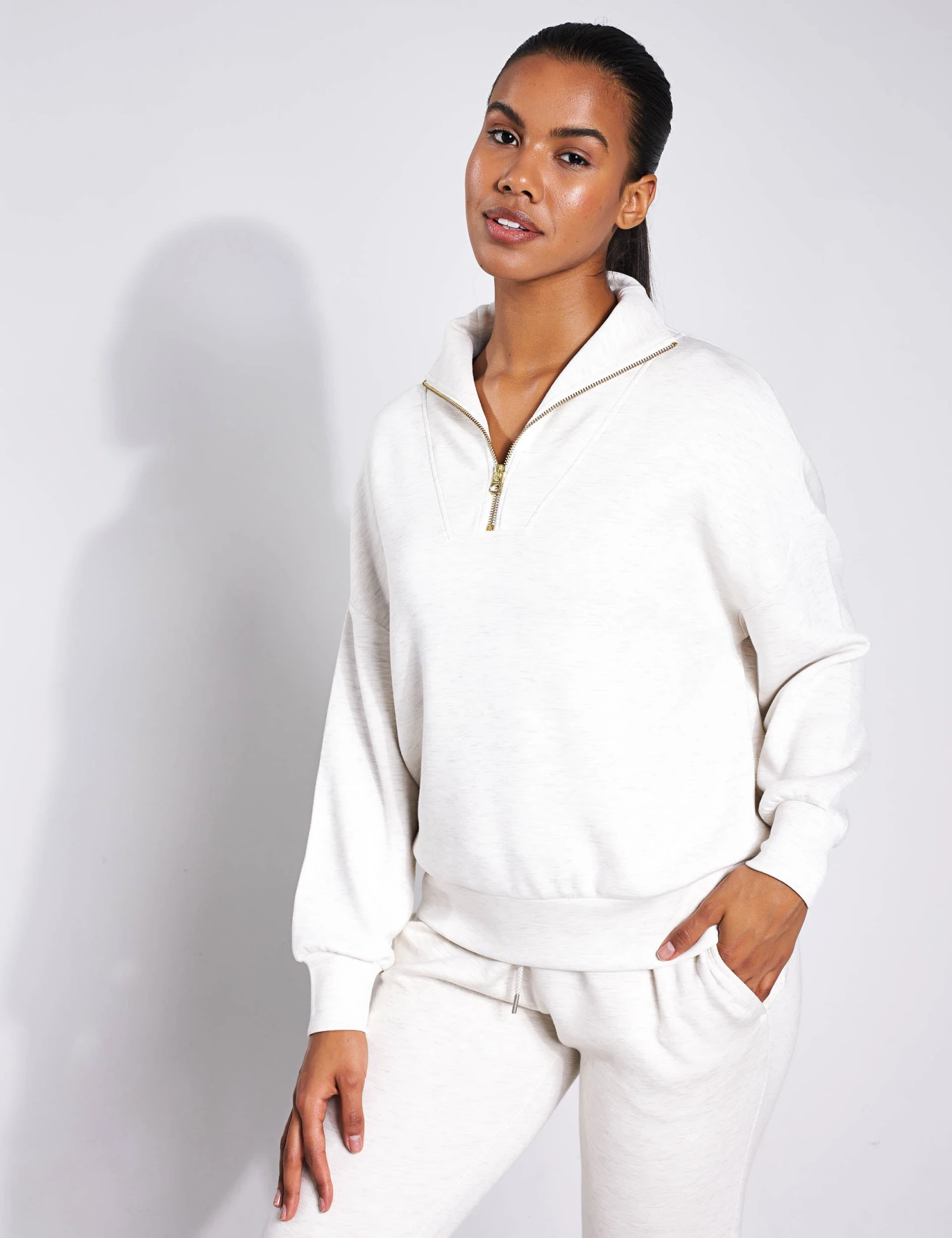 Varley Hawley Half Zip Sweat - Ivory Marl 1 Varley Hawley Half Zip Sweat - Ivory Marl