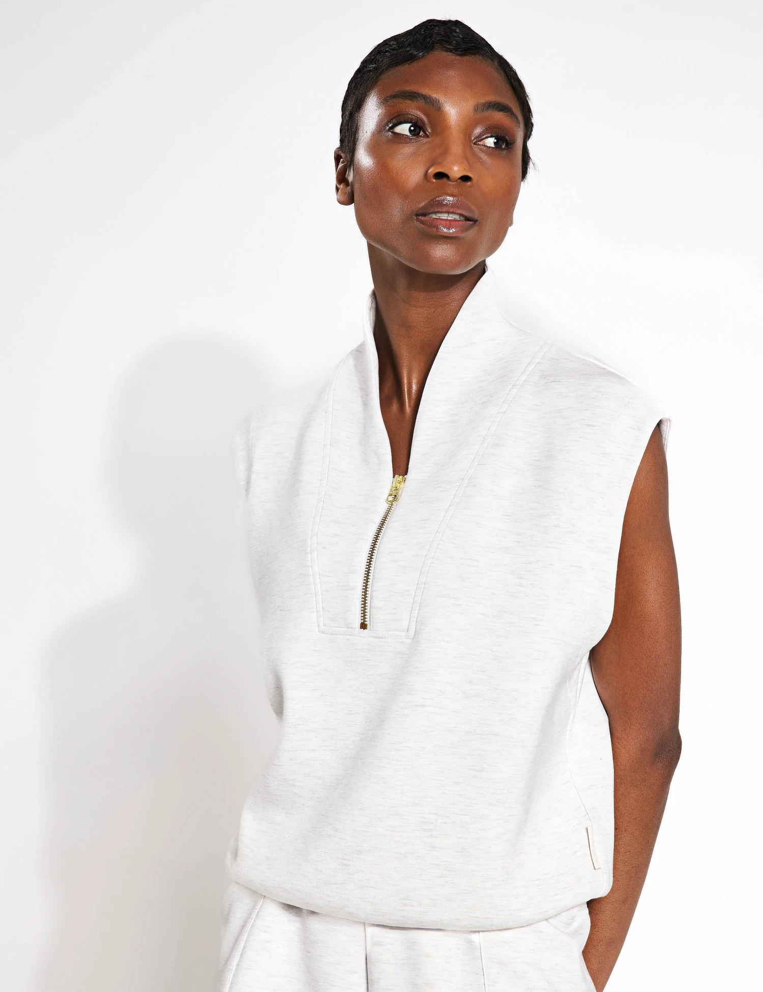 Varley Loretta Half-Zip Sleeveless Sweat - Ivory Marl 1 Varley Loretta Half-Zip Sleeveless Sweat - Ivory Marl