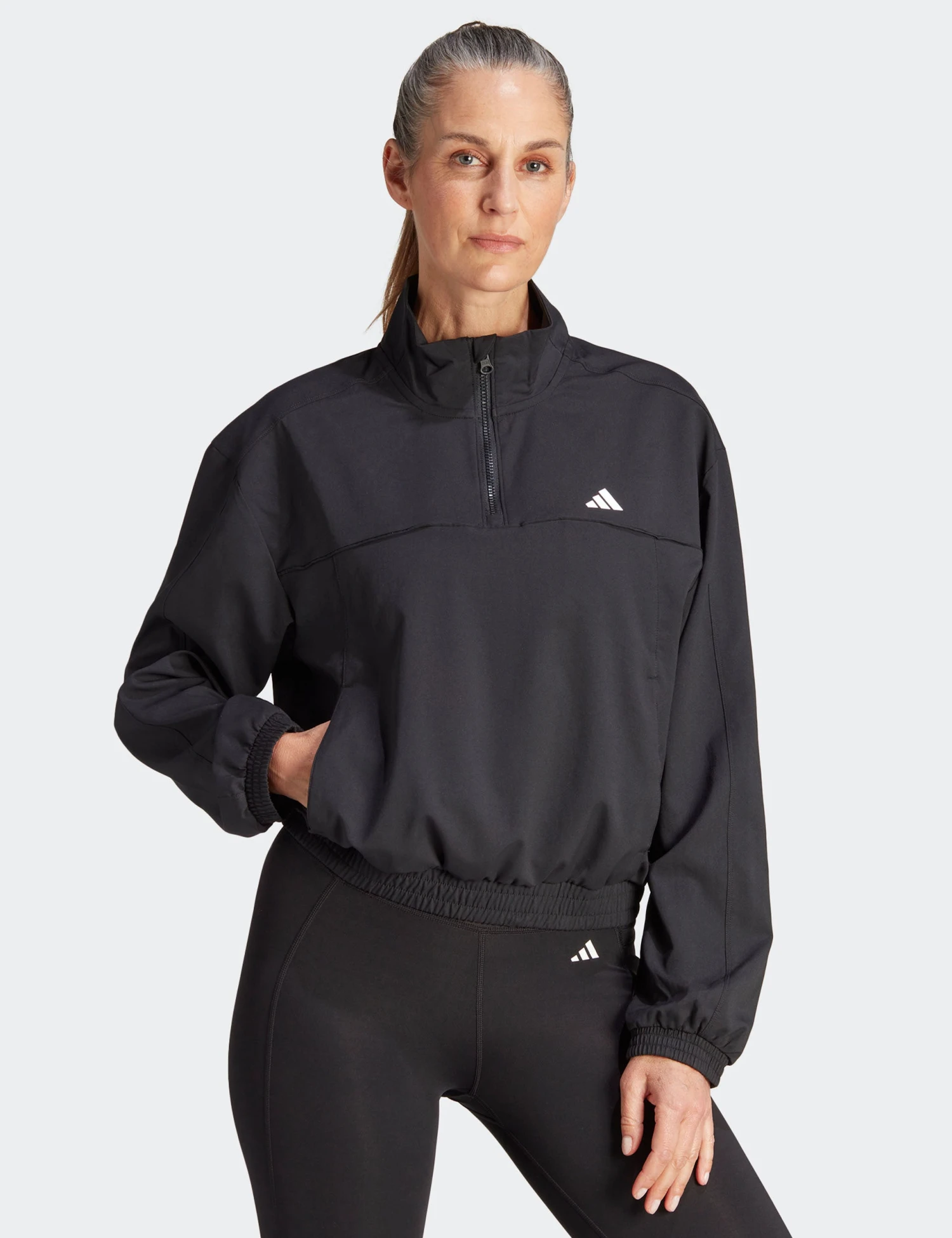 ADIDAS AEROREADY Train Essentials Woven Quarter-Zip Track Jacket - Black/White 1 ADIDAS AEROREADY Train Essentials Woven Quarter-Zip Track Jacket - Black/White
